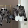 여성용 재킷 작은 향기로운 빈티지 하운드 스투스 격자 무늬 캐주얼 재킷 직조 대비 스티칭 스탠드 칼라 패션 트위드 블랙