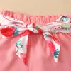 Clothing Sets Infant Born Baby Girls Shorts Set Sleeve Square Neck Strawberry/Flower Print Vest With Tie-up And Hairband 0-24M