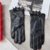 Mode Spitze Patchwork Fäustlinge Frauen Schwarz Leder Handschuhe Herbst Winter Plüsch Fahren Handschuhe Touchscreen Schaffell Handschuh