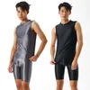 Men's Tracksuits Sexy Men Silky Shiny Tight Transparent Vest Five-point Pants Oily Fitness Shorts Glossy Swimming Sports Yoga Suit Plus Size