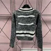 Jumper Womens Spliced V Neck Jacquard Embroidery Design Sweater Long Sleeve Fashion Knitwear Top