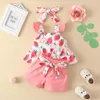 Clothing Sets Infant Born Baby Girls Shorts Set Sleeve Square Neck Strawberry/Flower Print Vest With Tie-up And Hairband 0-24M
