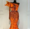 OCT ASO 2023 EBI ARABIC Orange Mermaid Dress Cequined Lace Feather Even Formalne przyjęcie Drugie przyjęcie urodzinowe suknie zaręczynowe sukienki szata de soiree es