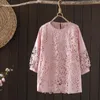 Damesblouses Kantborduurwerk Uitgeholde elegante blouse voor dames Herfst Spanje-stijl Boheems Driekwart mouw Blauw Wit Roze Effen