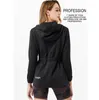Active Shirts Lu Fashion Mid Length Jacket Women Black Zip Hooded Sports Shirt Slim Fit Trend Outdoor Fitness Training Top With Log