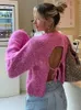 Womens Knits Tees Women Cut Out Solid Knitted Sweaters Pink Autumn Winter Streetwear O Neck Sexy Knitwear Pullover Laceup Long Sleeve Chic Tops 231019