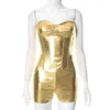 Tute da donna Corsetto sexy senza spalline Crop Top Pantaloncini elastici in vita Party Clubwear Abiti Y2K Doratura metallizzata Ecopelle Due