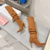 Botas de tacón de aguja para mujer Tobillo de primera calidad Cabeza puntiaguda de color 100% cuero muslo Botas de diseñadores Botas con cordones elásticos elevados Tacones de fiesta de noche de moda