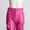 Women's Pants Pink High Quality Waiste 2023 Autumn Fashion Pu Leather Pocket Zipper Street Loose Wide Leg