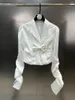 Women's Blouses PREPOMP 2023 Autumn Collection Turn Down Collar Ruched Long Sleeve Double Breated Diamonds Buttons Bow Slim Shirt GL964