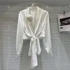 Kadın bluzları 2023 Sonbahar Üç Boyutlu Çiçek Pimi Dantel Yay Saten Gömlek Kadınlar Kısa Mor Bluz Zarif Lady Tie Bel Üstleri