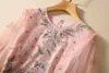 2023 Sonbahar Pembe Çiçek Nakamı Pullar Elbise Uzun Kollu Yuvarlak Boyun Panelli Uzun Maxi Günlük Elbiseler S3O141011