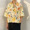 남성용 캐주얼 셔츠 2023 여름 패션 남성 하와이 짧은 슬리브 버튼 꽃 잎 인쇄 느슨한 해변 휴가 알로하 셔츠