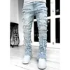2024 мужские джинсы, европейские и американские уличные модные брюки в стиле Ins, джинсовые прямые брюки с эластичной нашивкой, брюки в стиле ретро