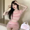 Work Dresses 2 Piece Sets Women Knitted Pink T-shirts Short Sleeve Mini Skirts Sheath Crop Tops Y2k Outfits Striped Panelled Sexy Cute