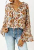 Blusas femininas laranja floral estampa flare manguito blusa de manga comprida para mulheres