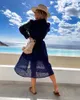 Casual Dresses Elegante aushöhlen Spitze Solide Kleid Büro Dame Schlitz Knopf Hemd Sommer Frühling Langarm Tennis Strand Robe