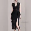 Casual Dresses Luxuriy Ladies Dress Temperament Ruffles Black Lace Pencil Women Sleeveless V-Neck High-end Slim Sexy With Belt