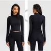 Active Shirts LuluLogo Women Black Slim Long Sleeve Yoga Jacket Full Zipper Running Coat With Thumb Hole Gym Sports Blouses Fitness