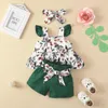 Clothing Sets Infant Born Baby Girls Shorts Set Sleeve Square Neck Strawberry/Flower Print Vest With Tie-up And Hairband 0-24M