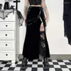 Kjolar svart flanell med läderbälte sida delad rak lång vintage för kvinnor sexig gotisk kjol nattklubb steampunk kläder