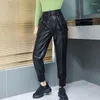 Damenhosen Echte Frauen Leder Cargo Streetwear Casual Elastische Hohe Taille Harem Mode Schaffell Knöchellange Hose