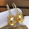 Boucles d'oreilles pendantes pour femmes, bijoux fins, or jaune pur 18 carats, naturel des Philippines, 11-12mm, perle ronde dorée océan