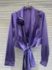 女性のブラウス2023秋の3次元フラワーピンレースボウサテンシャツ女性用紫色のブラウスエレガントな女性タイウエストトップ
