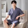 Men's Sleepwear 2 Piece Cotton Pajamas Sets Solid V-Neck Kimono Pyjamas Male Short Sleeve Shirt Pants Sleep Suits Homewear