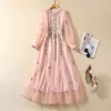 2023 Autumn Pink Floral Embroidery Sequins Dress Long Sleeve Round Neck Panelled Long Maxi Casual Dresses S3O141011