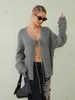 Malhas femininas wsevypo cinza oversized malha cardigans manga longa decote em v amarração frente suéteres casacos outono inverno casual quente outerwear