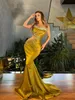 Evening Dresses Gold Beaded Prom Party Gown Mermaid Plus Size New Custom Elastic Satin Sleeveless Zipper Lace Up Applique Pleat Strapless Illusion