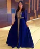 Vestidos de noite azul royal vestido de festa de baile plus size novo zíper personalizado rendas até manga longa com decote em v chiffon frisado lantejoulas uma linha