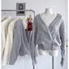 Women's Sweaters Autumn Korean Style Grey One Button Diagonal Fried Dough Twists Long Sleeve V-Neck Sweater