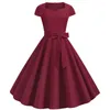 Повседневные платья 2024, летнее однотонное красное платье 50-х 60-х годов, винтажное платье, женское платье с коротким рукавом и квадратным воротником, элегантный пояс миди для офисной вечеринки