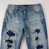 Jeans da uomo EU Drip Blue Baffi invecchiati Toppe con strass Fori danneggiati italiani Slim Fit elasticizzato strappato