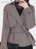 Kvinnors kostymer mode kvinnor Autumn Winter Grey Checkered Woolen Blazer med Belt Elegant Slim Warm Thicked Vintage Casual Jacket