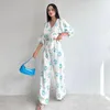 Kvinnors tvådelar Pants Casual Printing Pyjamas Three Quarter Sleeve Sleepwear Sexig V-ringning Nightie Lace Up Nightwear Pijama Set