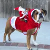 أزياء Cat Santa Costume Cozy Pet Xmas Outfit Dog Dog Christmas مع Claus Riding Design معطف منقوش دافئ لقضاء عطلة