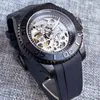 Horloges Zwart NH70 Mechanisch Horloge Heren Skeleton Holle wijzerplaat 120 klikken Bezel Ring Mat inzetstuk Saffierglas Gebogen uiteinde Rubber