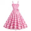 Casual Dresses Girl Vintage Pink Plaid Dress Retro Shirring Strap Rockabilly Cocktail Party 1950s 40s Swing Women Polka Dot