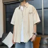 Männer Casual Hemden Japanischen Stil Revers Kurzen ärmeln Gestreiften Sommer High Street Einfache Lose Einreiher Tops Mann Kleidung