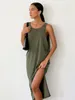 Kvinnors sömnkläder Hiloc Green Chiffon Kvinnor Nattklänningar ärmlös nattklänning Backless Tank Sleeve Night Peignoir Autumn