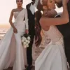 Elegante vestido de novia árabe de sirena de Dubai con tren desmontable Un hombro Manga larga con cuentas Top de lentejuelas Vestidos de novia de satén de marfil blanco 2024 Vestidos de novia