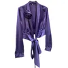 Kadın bluzları 2023 Sonbahar Üç Boyutlu Çiçek Pimi Dantel Yay Saten Gömlek Kadınlar Kısa Mor Bluz Zarif Lady Tie Bel Üstleri