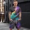 Tracki męskie 2023 Casual krótkie t-shirt z krótkim rękawem moda moda 3D Stripe Printed Street Clothing 2-częściowy garnitur letni dres