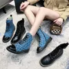 Bottes Martin de marque en cuir véritable bleu Denim, bottes courtes à motifs de diamants à talons épais