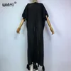 Abiti casual WINYI Inverno Donna Africa Boho Copertine Lavorato a maglia Tinta unita Sexy Forcella alta Abito lungo con pavimento cavo Nero Moda Vacanza Caftano