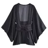 Kvinnors blusar 2023 Fashion Ethnic Style Loose Belt Silk Satin Texture Kimono Vintage Long Sleeve Coat Unique Top