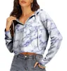 Hoodies femininos 2023 moda feminina cintura alta recortada com capuz cordão camisola na moda tie-dye com decote em v manga comprida curto topo